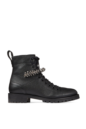 Cruz Grained Leather Combat Boots with Crystal Detail